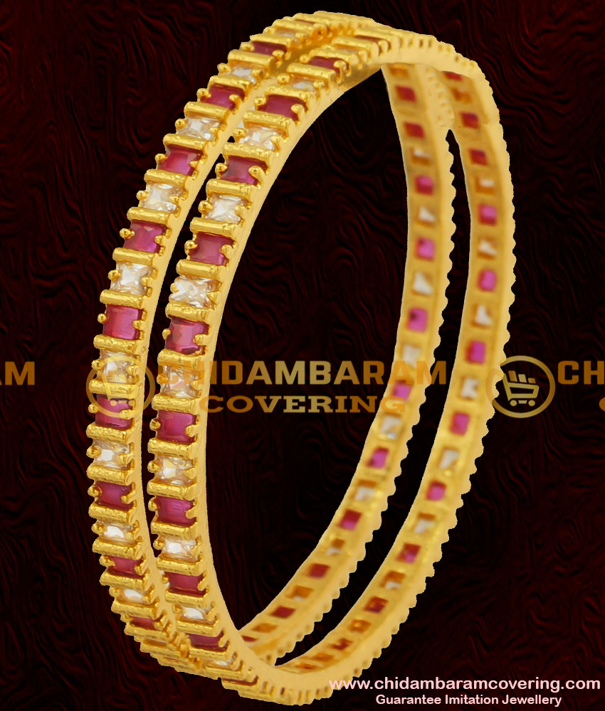 BNG061 - 2.6 Size Semi Precious Red And White Designer Stone Bangles For Women