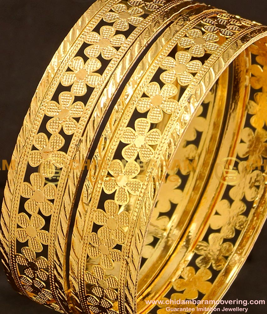 BNG120 - 2.6 Size High Quality Party Wear Floral Design Flat Bangles Design Online 