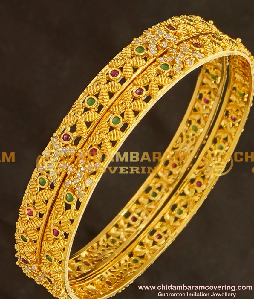 BNG128 - 2.6 Size New Designer Multi Stone Gold Style 1 Gram Gold Plated Bangle Buy Online