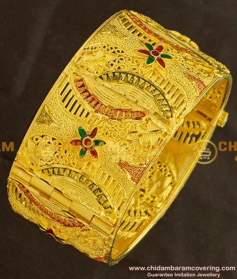 BNG136 - 2.6 Size Gold Design Enamel Finish Forming Gold Broad Kada Bangle Designs Bridal Jewellery Online