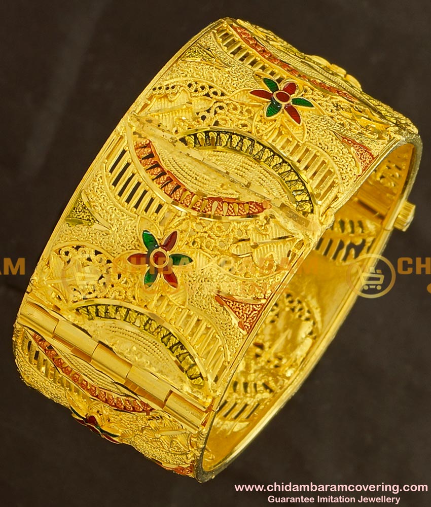 BNG136 - 2.6 Size Gold Design Enamel Finish Forming Gold Broad Kada Bangle Designs Bridal Jewellery Online