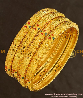 BNG142 - 2.4 Size Bridal Wear Light Weight Die Gold Bangles for Silk Saree