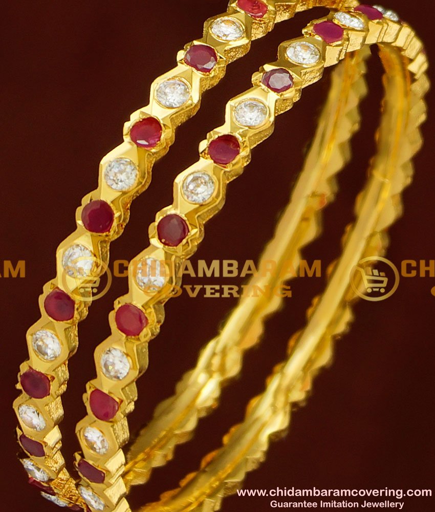 BNG159 - 2.6 Size Impon Bangle Stunning Gold First Quality Red and White Stone Five Metal Bangles Online