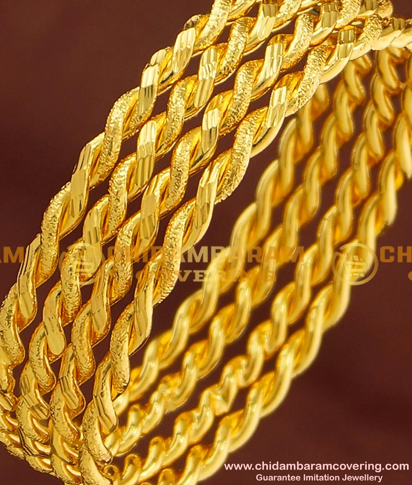 BNG169 - 2.6 Size Gold Plated Thick Metal Daily Wear Twisted Bangles Design 4 Pcs Set Bangles Online