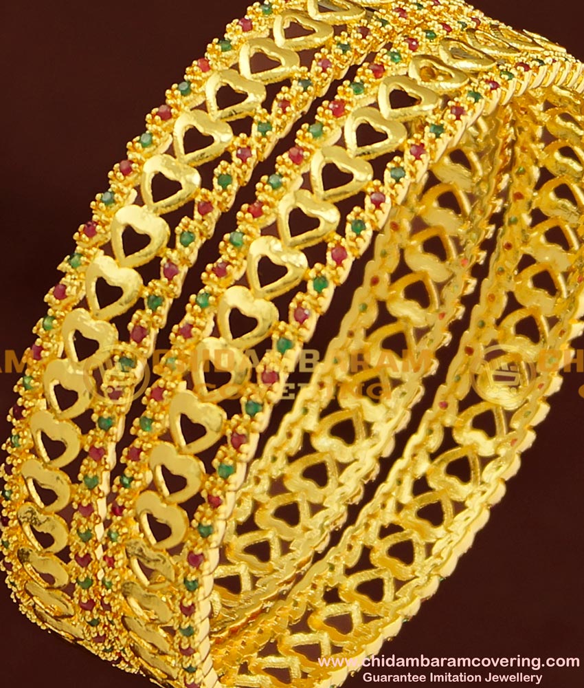 BNG176 - 2.6 Size Beautiful Heart Design Ruby Emerald Stone Bangles Design Online