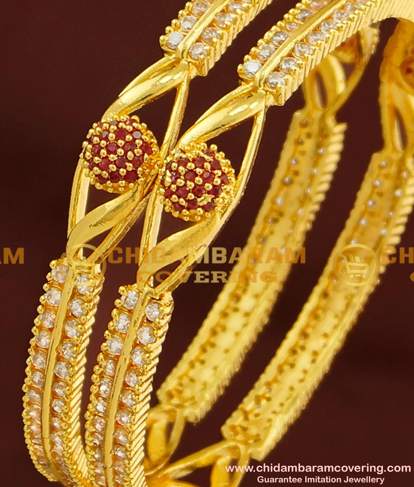 BNG178 - 2.6 Size Elegant Finish Red and White Designer AD Stone Bangles for Women
