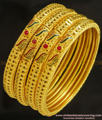 BNG232 - 2.4 Size First Quality One Gram Gold Forming Bridal Wear Enamel with Red Stone Gold Forming Set Of 4 Bangles Online