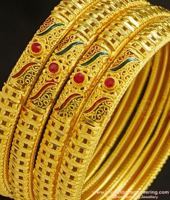BNG232 - 2.4 Size First Quality One Gram Gold Forming Bridal Wear Enamel with Red Stone Gold Forming Set Of 4 Bangles Online