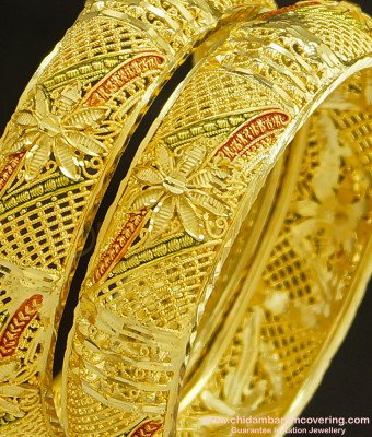 BNG235 - 2.6 Size Gold Forming Floral Design Traditional Calcutta Bangles Set Of 2 Pieces Indian Wedding Bangles Set Online