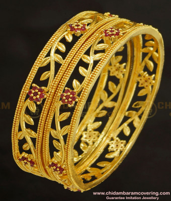 BNG236 - 2.4 Size Elegant Stylish Floral Design Ruby Stone Party Wear Bangles One Gram Gold Plated Jewellery Online