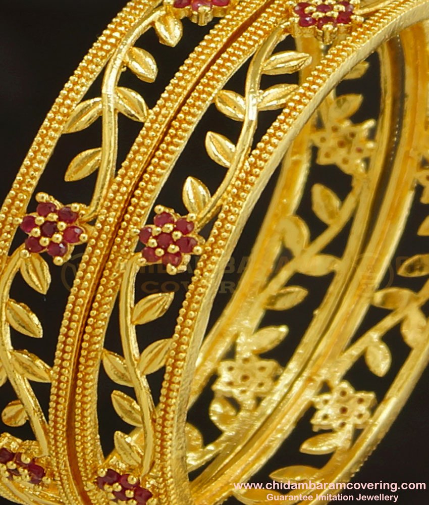 BNG236 - 2.8 Size Elegant Stylish Floral Design Ruby Stone Party Wear Bangles One Gram Gold Plated Jewellery Online