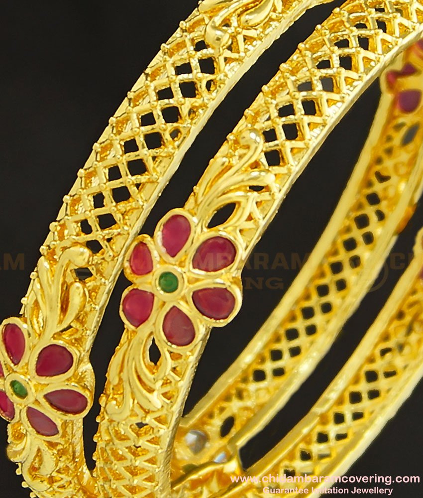 BNG259 - 2.6 Size Beautiful New Model White Stone Ruby Stone Flower Design Heavy Gold Bridal Bangles 