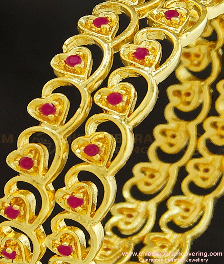 BNG260 - 2.8 Size Latest Gold Plated Broad Ruby Stone Heart Design Bangles for Indian Wedding