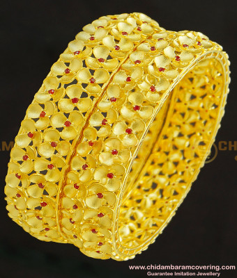 BNG264-2.6 Size Most Beautiful Floral Design Forming Ruby Stone Gold Inspired Wedding Bangles 
