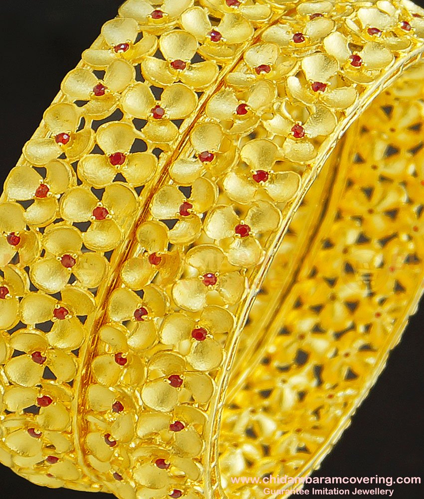 BNG264-2.6 Size Most Beautiful Floral Design Forming Ruby Stone Gold Inspired Wedding Bangles 