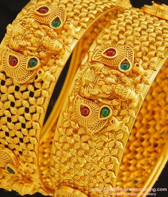 BNG265 -2.6 Size Premium Quality Brass Antique Temple Jewellery Lakshmi Design Broad Bangles Set for Women