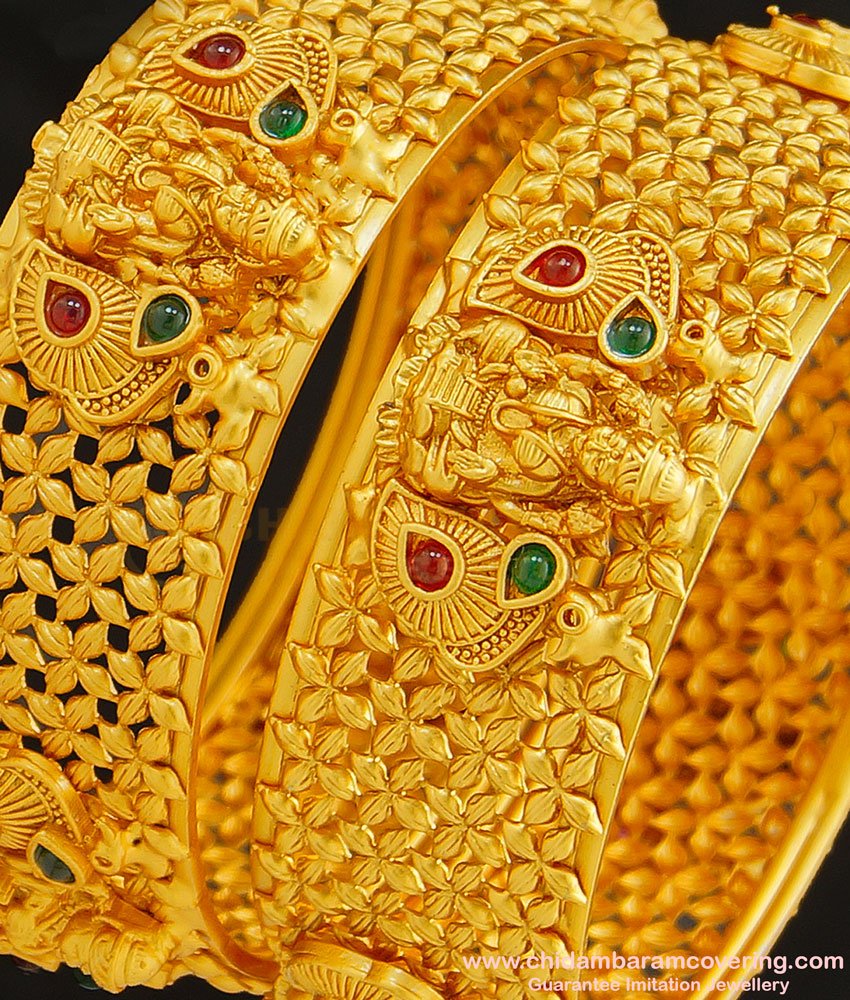 BNG265 -2.6 Size Premium Quality Brass Antique Temple Jewellery Lakshmi Design Broad Bangles Set for Women