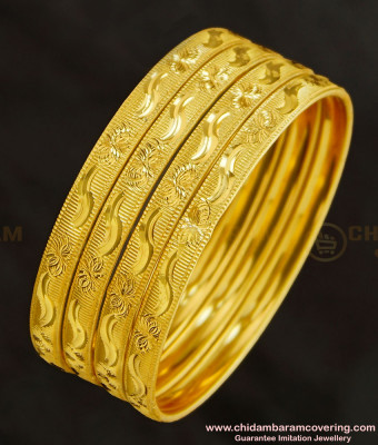 BNG273 - 2.4 Size 4 Bangles Set Floral Design 1 Gram Gold Bangles