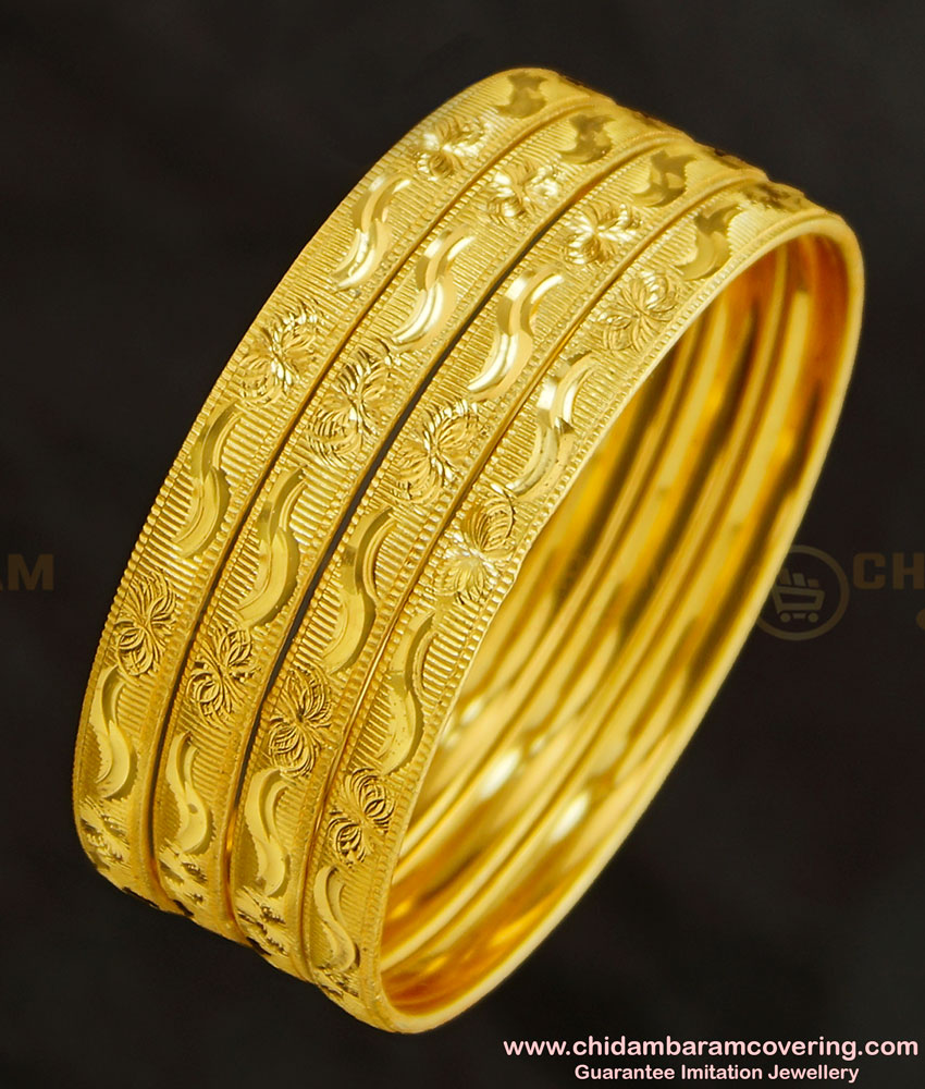BNG273 - 2.4 Size 4 Bangles Set Floral Design 1 Gram Gold Bangles