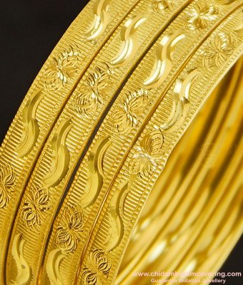 BNG273 - 2.4 Size 4 Bangles Set Floral Design 1 Gram Gold Bangles