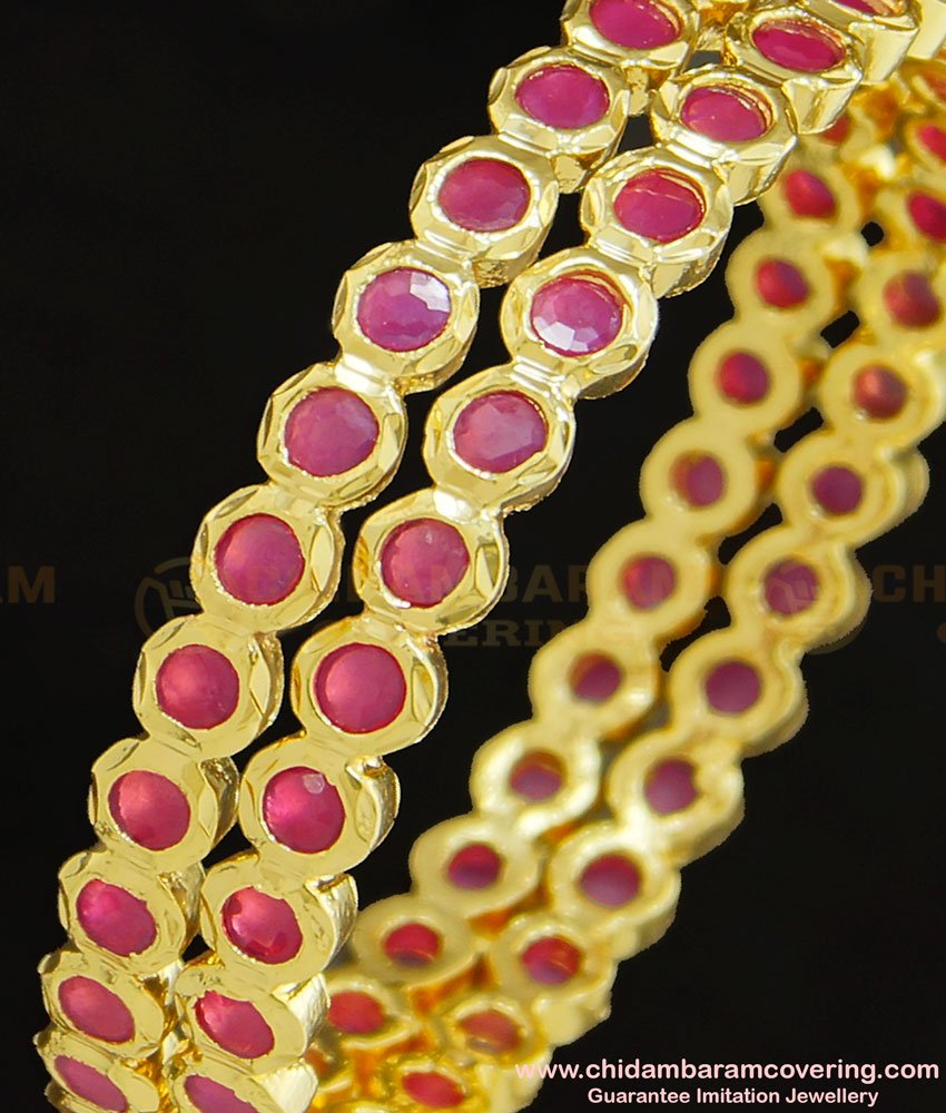 BNG281 - 2.8 Size Traditional Impon First Quality Full Ruby Stone Gold Bangles Design Panchaloha Bangles Online