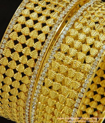 BNG287 - 2.10 Size New Pattern Leaf Model White Stone Party Wear Non Guarantee Broad Bangles Design Online