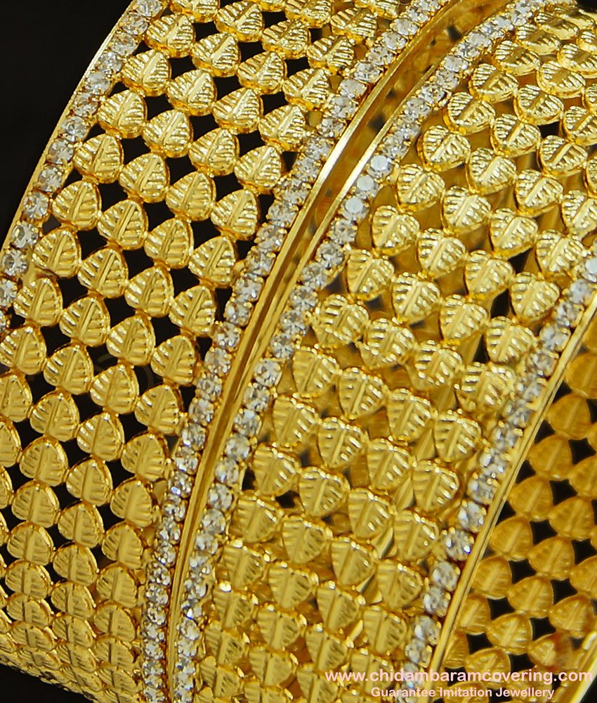 BNG287 - 2.8 Size New Pattern Leaf Model White Stone Party Wear Non Guarantee Broad Bangles Design Online