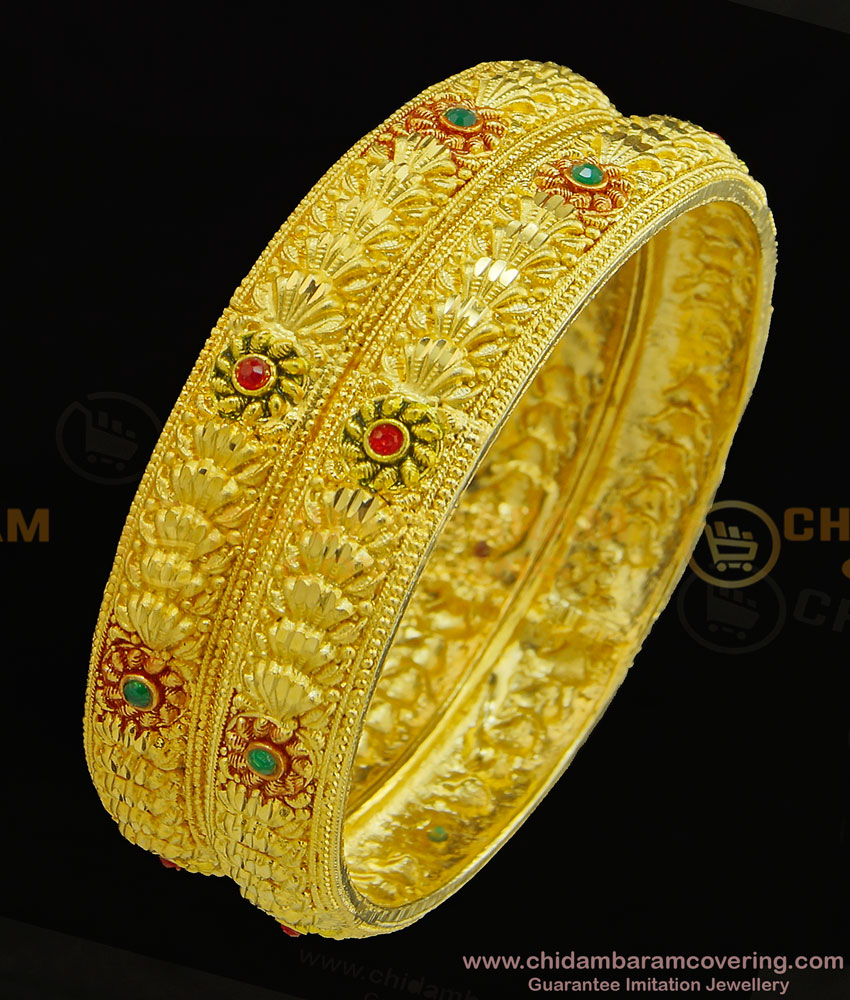 BNG304 - 2.4 Size New Design High Quality One Gram Gold Flower Design Forming Stone Bangles for Wedding 