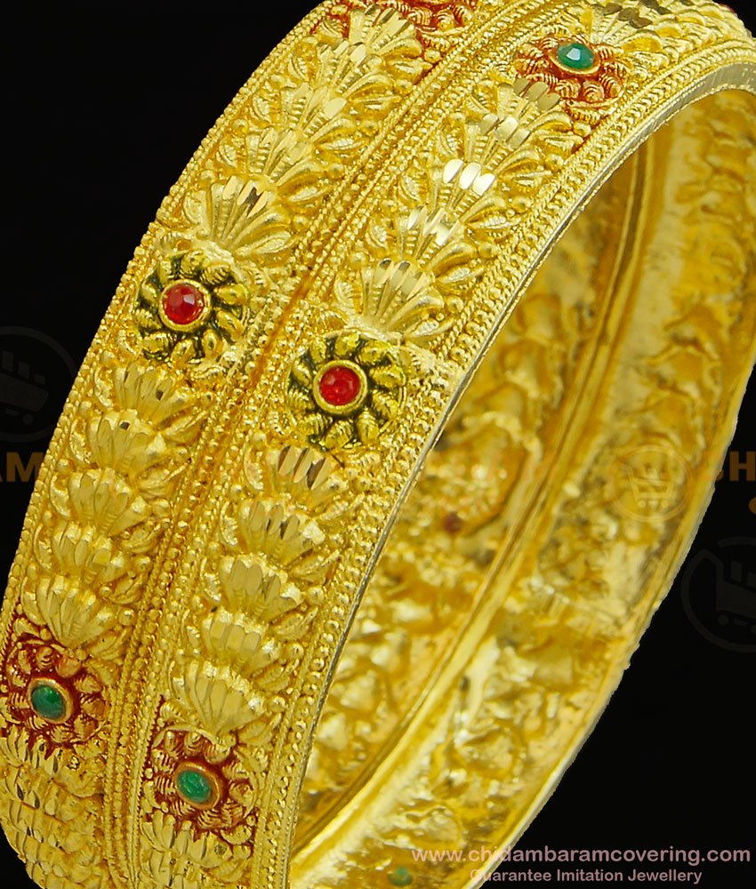 BNG304 - 2.4 Size New Design High Quality One Gram Gold Flower Design Forming Stone Bangles for Wedding 
