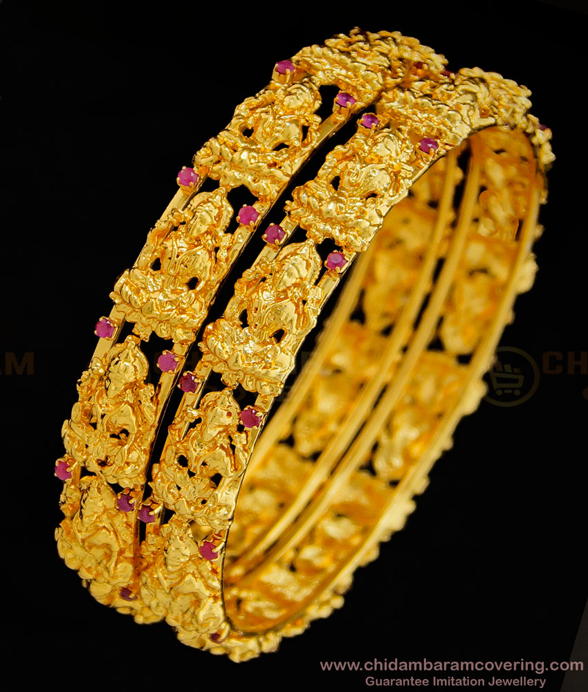 BNG328 -2.6 Size Premium Quality Temple Jewellery Lakshmi Design Ruby Stone Bangles Set for Women