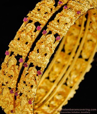 BNG328 -2.6 Size Premium Quality Temple Jewellery Lakshmi Design Ruby Stone Bangles Set for Women