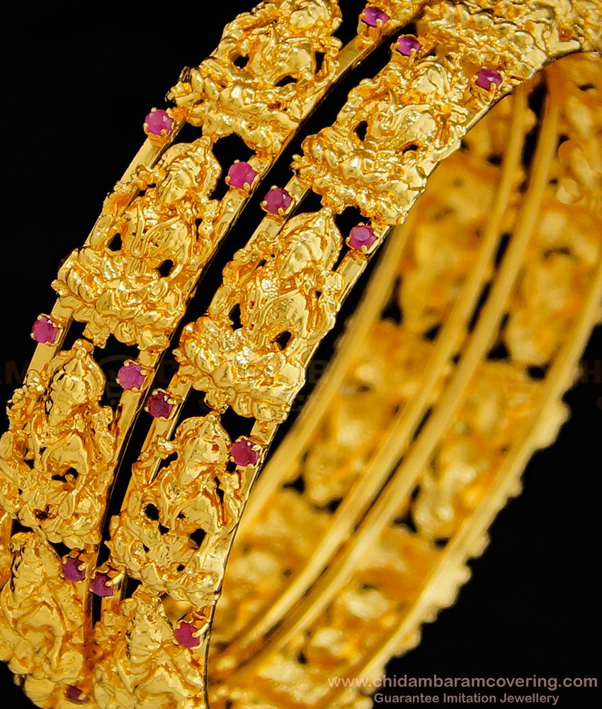 BNG328 -2.6 Size Premium Quality Temple Jewellery Lakshmi Design Ruby Stone Bangles Set for Women
