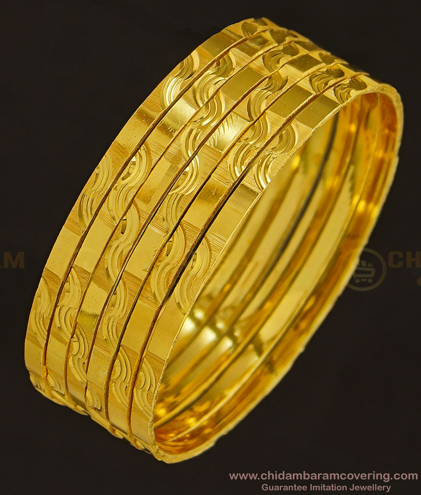 BNG347 - 2.6 Size Latest Collection Flat Design Real Gold Look Bangles Set Of 6 Bangles for Women