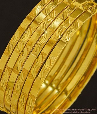 BNG347 - 2.10 Size Latest Collection Flat Design Real Gold Look Bangles Set Of 6 Bangles for Women