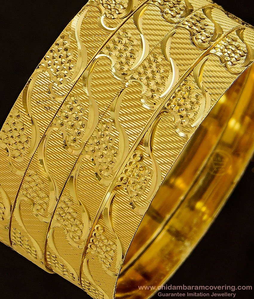 BNG353 - 2.4 Size Latest Gold Bangles Designs Self Design Broad Flat Bangles Set Of 4 Bangles  