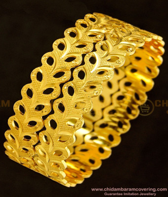 BNG359 - 2.10 Size Beautiful Golden Leaf Design Broad Designer Bangles for Female