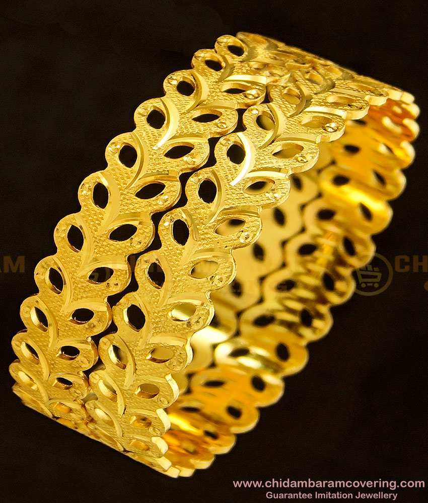 BNG359 - 2.10 Size Beautiful Golden Leaf Design Broad Designer Bangles for Female