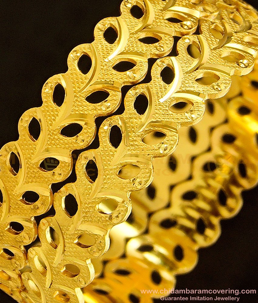 BNG359 - 2.10 Size Beautiful Golden Leaf Design Broad Designer Bangles for Female