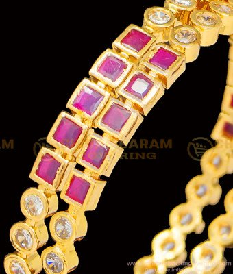 BNG395 - 2.6 Size Five Metal New Model White and Ruby Stone Impon Bangles Online Shopping