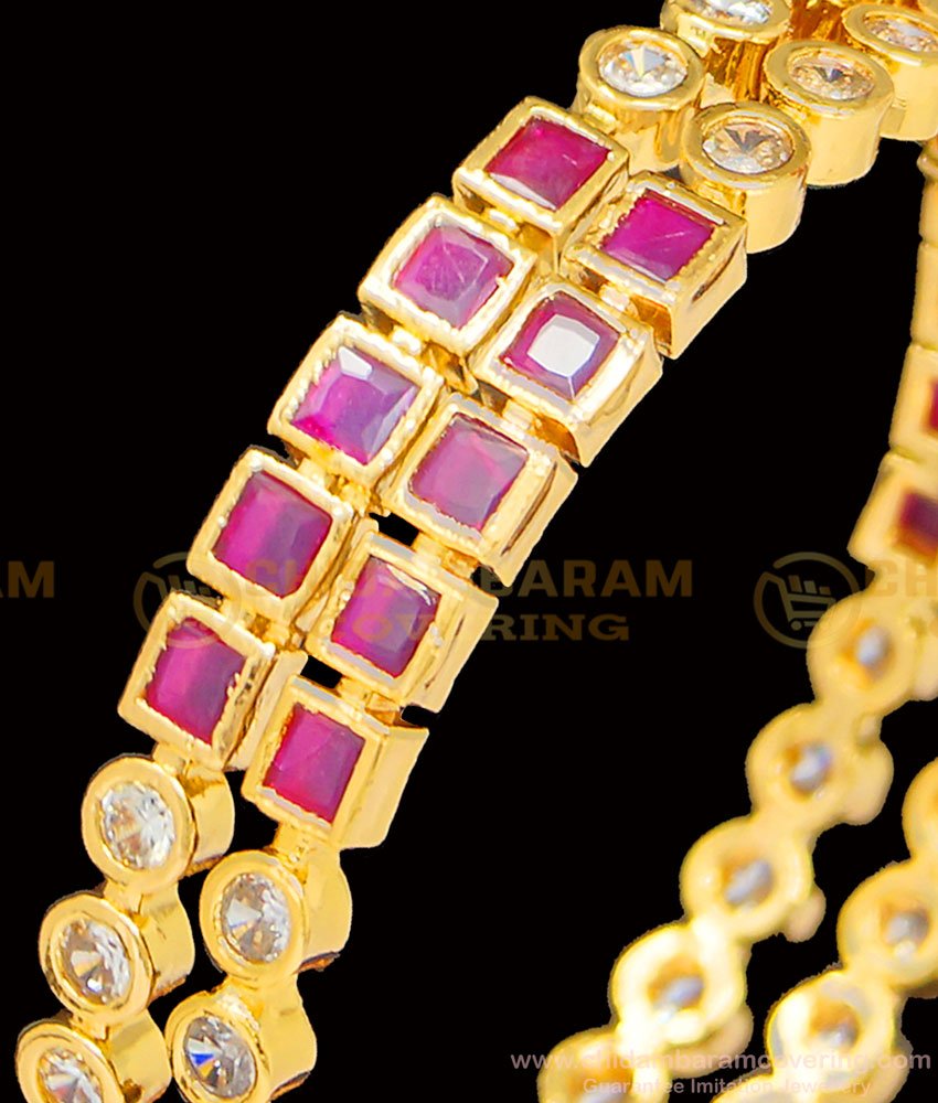 BNG395 - 2.6 Size Five Metal New Model White and Ruby Stone Impon Bangles Online Shopping