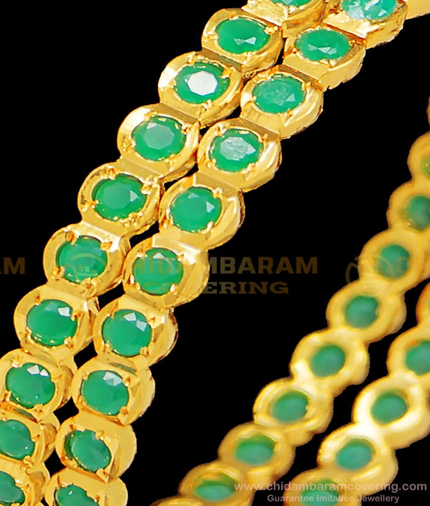 BNG397 - 2.4 Size Traditional Impon First Quality Full Green Emerald Stone Gold Bangles Design Online