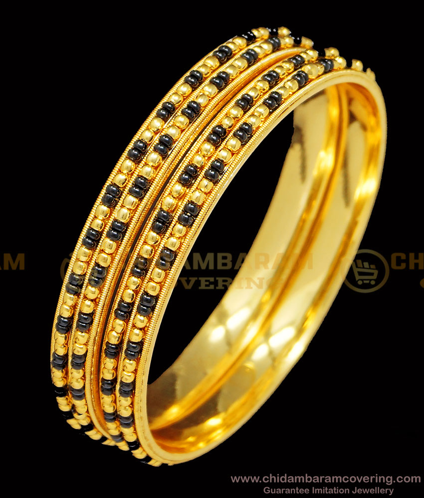 BNG399 - 2.8 Size Traditional Karimani Black Beads with Gold Beads Double Line Bangles Online