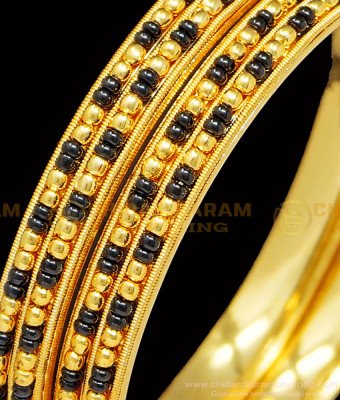 BNG399 - 2.6 Size Traditional Karimani Black Beads with Gold Beads Double Line Bangles Online