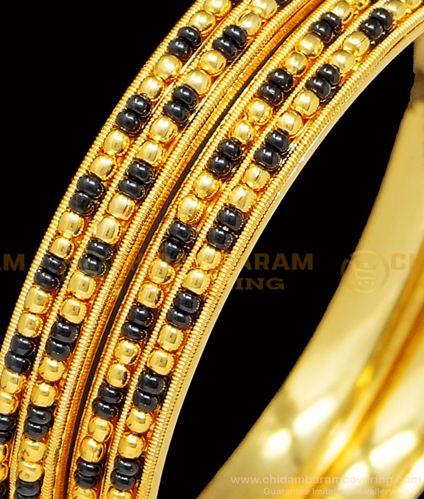 BNG399 - 2.8 Size Traditional Karimani Black Beads with Gold Beads Double Line Bangles Online