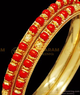 BNG400 - 2.4 Size Traditional Coral Bangles One Gram Gold Plated Red Bead Bangles Online