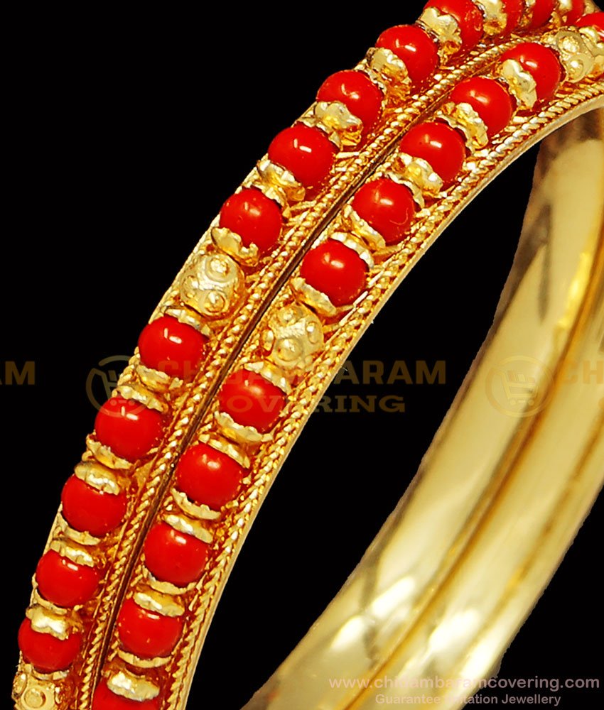 BNG400 - 2.6 Size Traditional Coral Bangles One Gram Gold Plated Red Bead Bangles Online