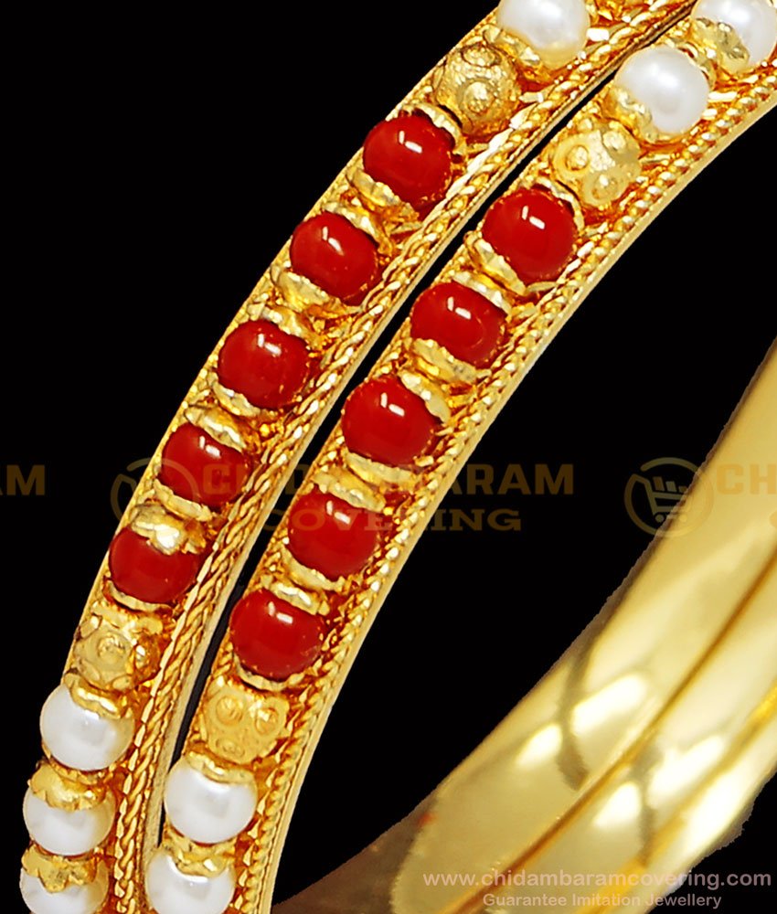 BNG401 - 2.4 Size Colorful Pearl and Red Coral Bangles One Gram Gold Plated Indian Beads Bangles Online