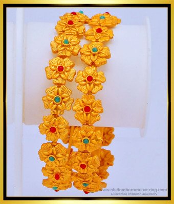 BNG434 -2.8 Size Unique Flower Design Green and Pink Stone Party Wear Temple Bangles Set Online  