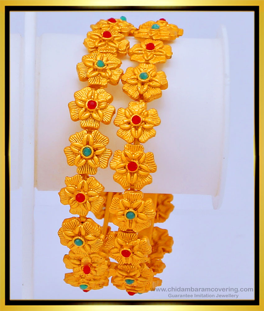 BNG434 -2.8 Size Unique Flower Design Green and Pink Stone Party Wear Temple Bangles Set Online  