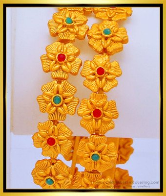 BNG434 -2.8 Size Unique Flower Design Green and Pink Stone Party Wear Temple Bangles Set Online  